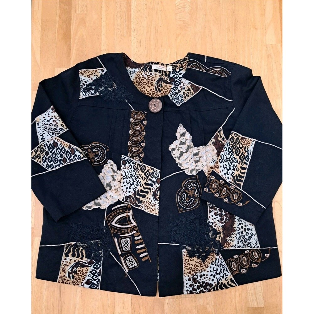 Choices Art to Wear Patchwork Jacket Black Brown Lace Animal Print Women's XL